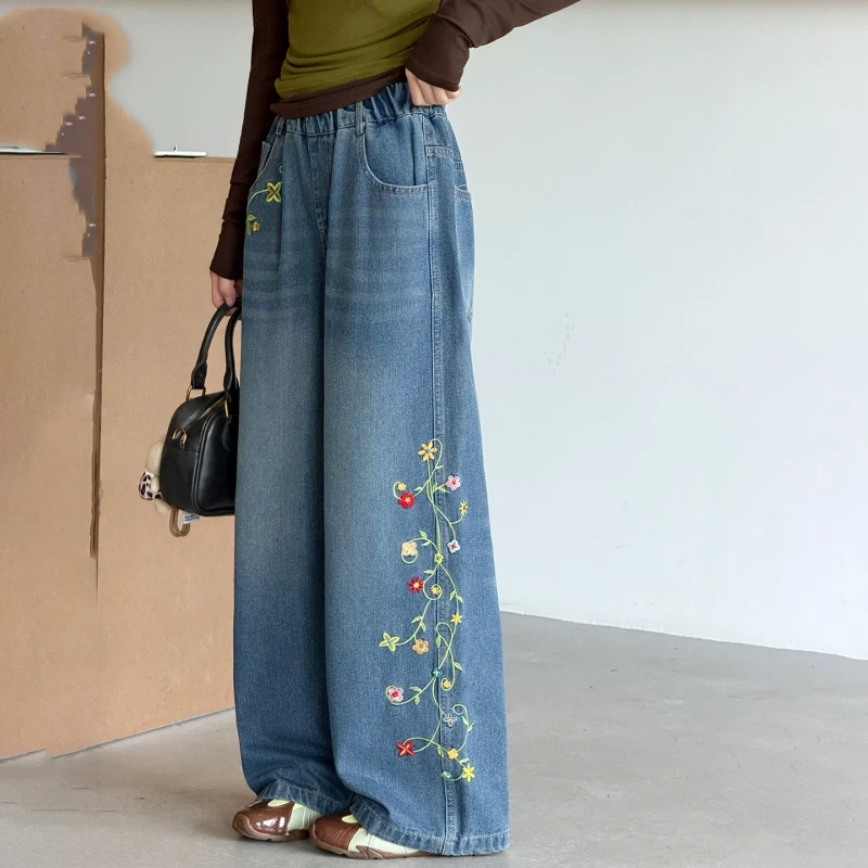 Girls Floral Embroidery Wide Leg Jeans Kids Elastic Waist Denim Pants Children Casual Trousers 6-14Y Spring Autumn