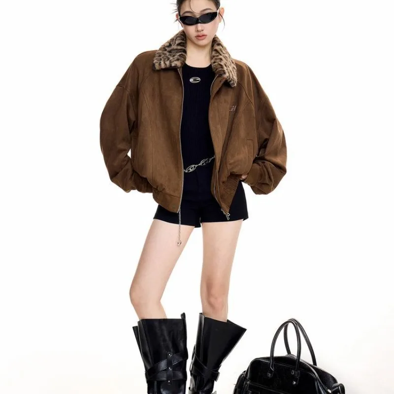 

Suede Fabric Jacket Women Patchwork Leopard Print Lapel Zipper Vintage American Coats Loose Casual Oversized High Street Jacket