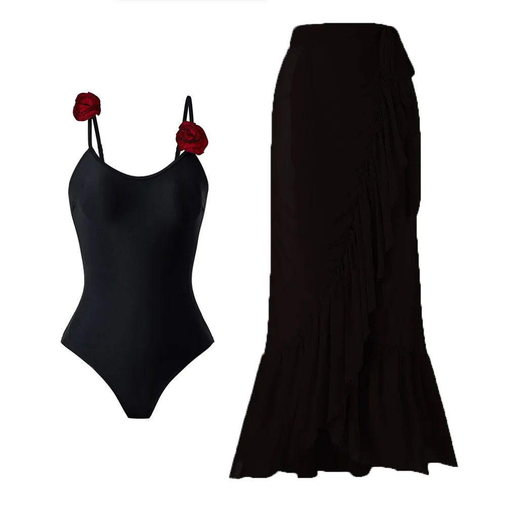

2025 3D Flowers Patchwork 1 Piece Swimsuit with Skirt Cover Up Solid Color 2 piece Set Women Swimwear Sexy Ruffle Bathing Suit