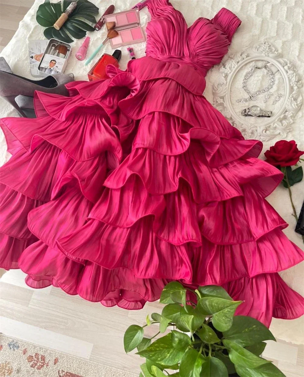 Customized  Fashion V-neck Ball Gown Quinceanera Layered  Flowers Chiffon Occasion Evening   vestidos de graduación