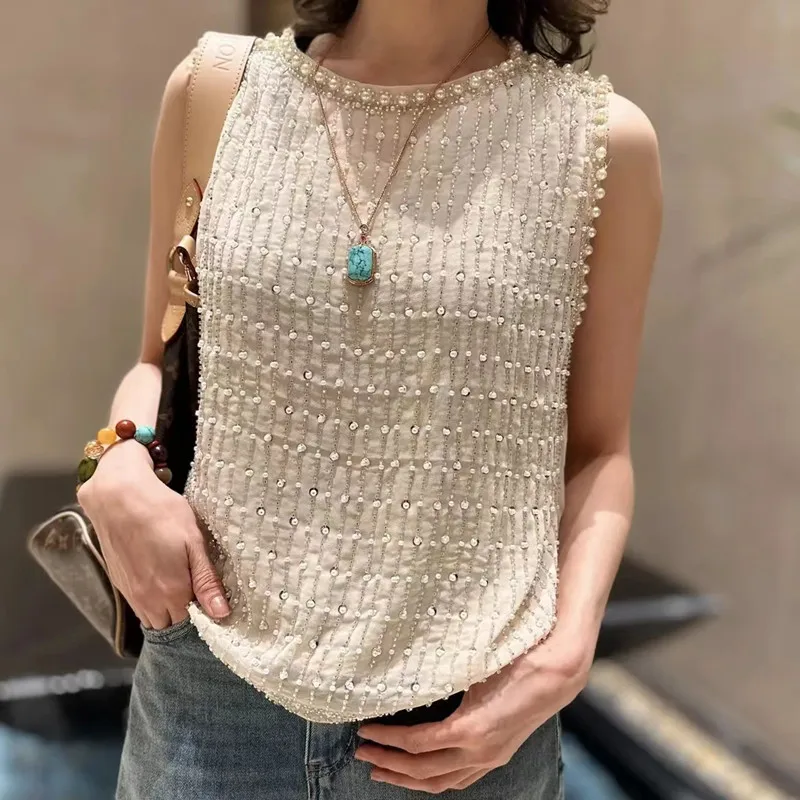 

Hand-made Heavy Beaded Sleeveless T Shirt for Women New Fashion Elegant Top Stringed Pearls Luxurious Tank Top Female Clothing