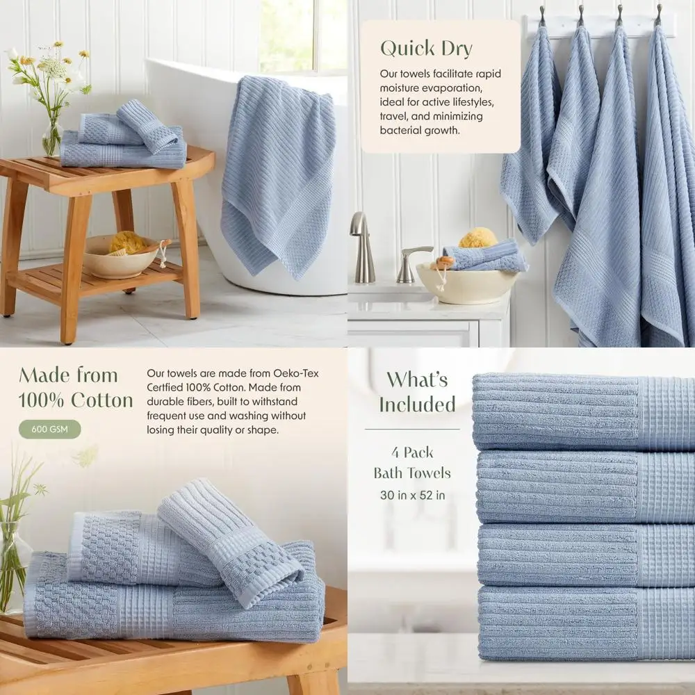 

Set of 4 Soft & Absorbent Cotton Bath Towels | Quick-Dry, Textured, Durable | Krista Dusty Blue