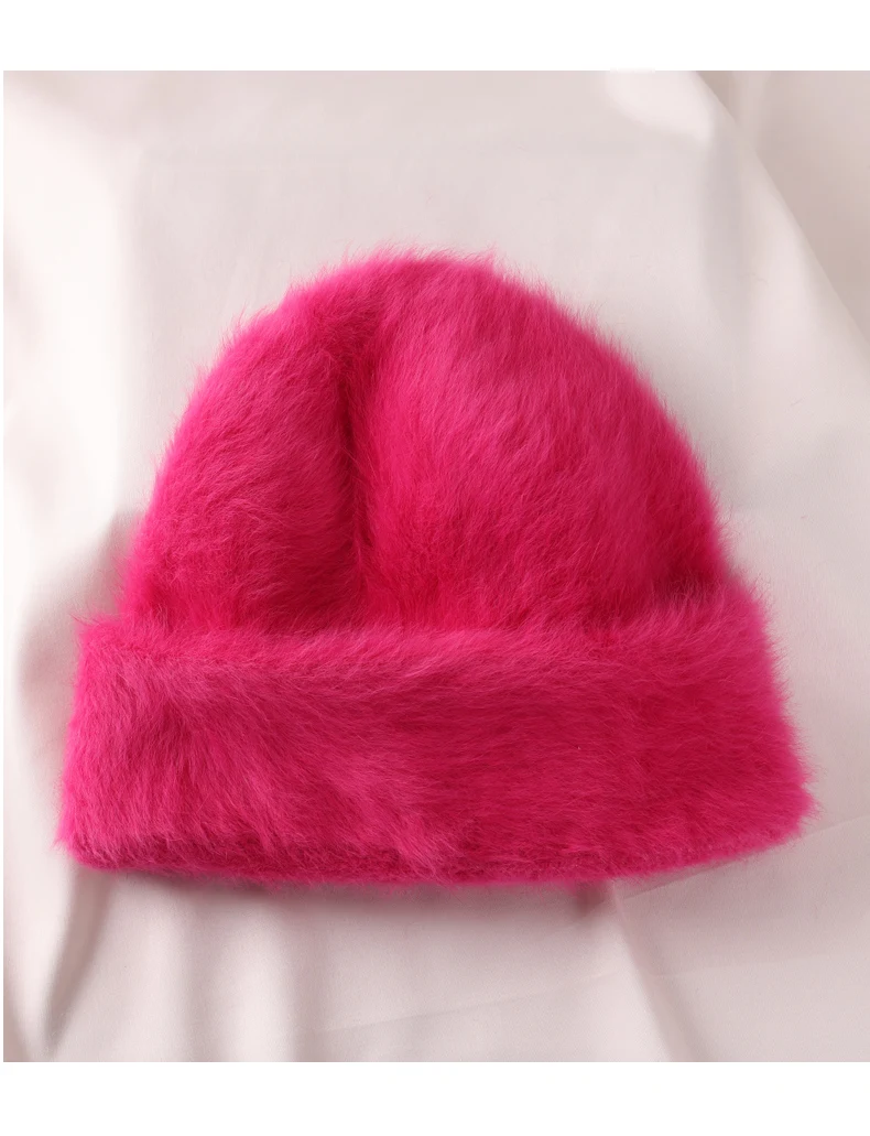 2023 Angora Flauschige Strickmütze Kaninchenfell Wintermütze für Damen Damen Mode Warmer Plüschschädel Damen Dicke Fleecemützen – Detail 29