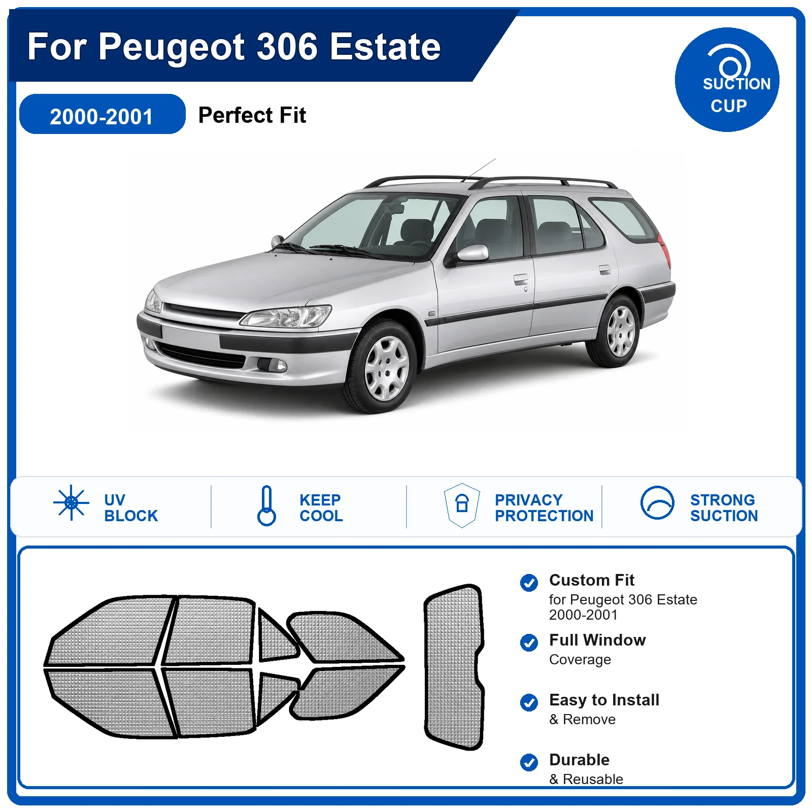 For Peugeot 306 Estate 2000-2001 Custom Full Set Windshield Sun Shade Aluminum Foil Heat Insulation Anti UV Foldable
