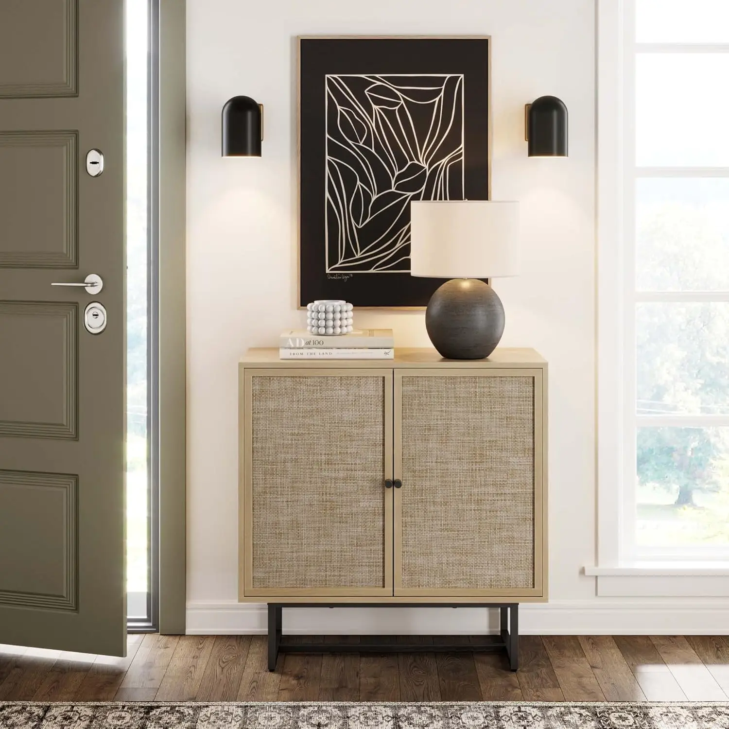 Sideboard Storage Cabinet in Light Wood and Rattan with Metal Frame, Adjustable Shelves and Cane Doors,