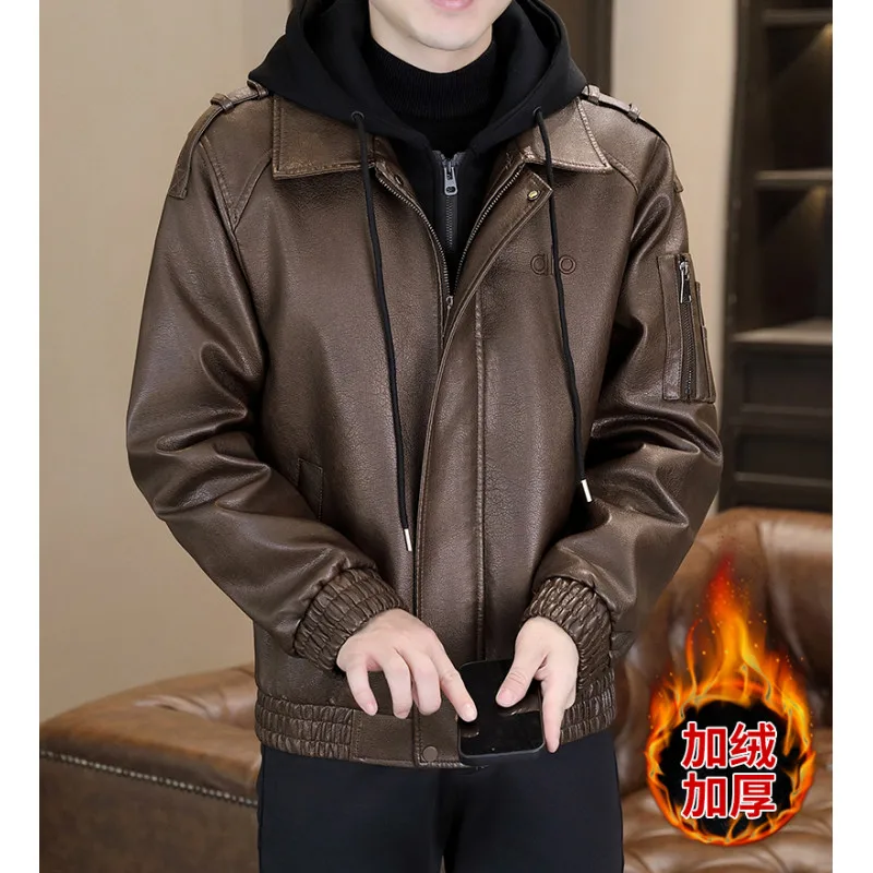 

Winter Velvet Thick Leather Jacket for Men Fashion Hooded Motorcycle Jackets Warm Zipper Casual PU Leather Coats Men Clothing