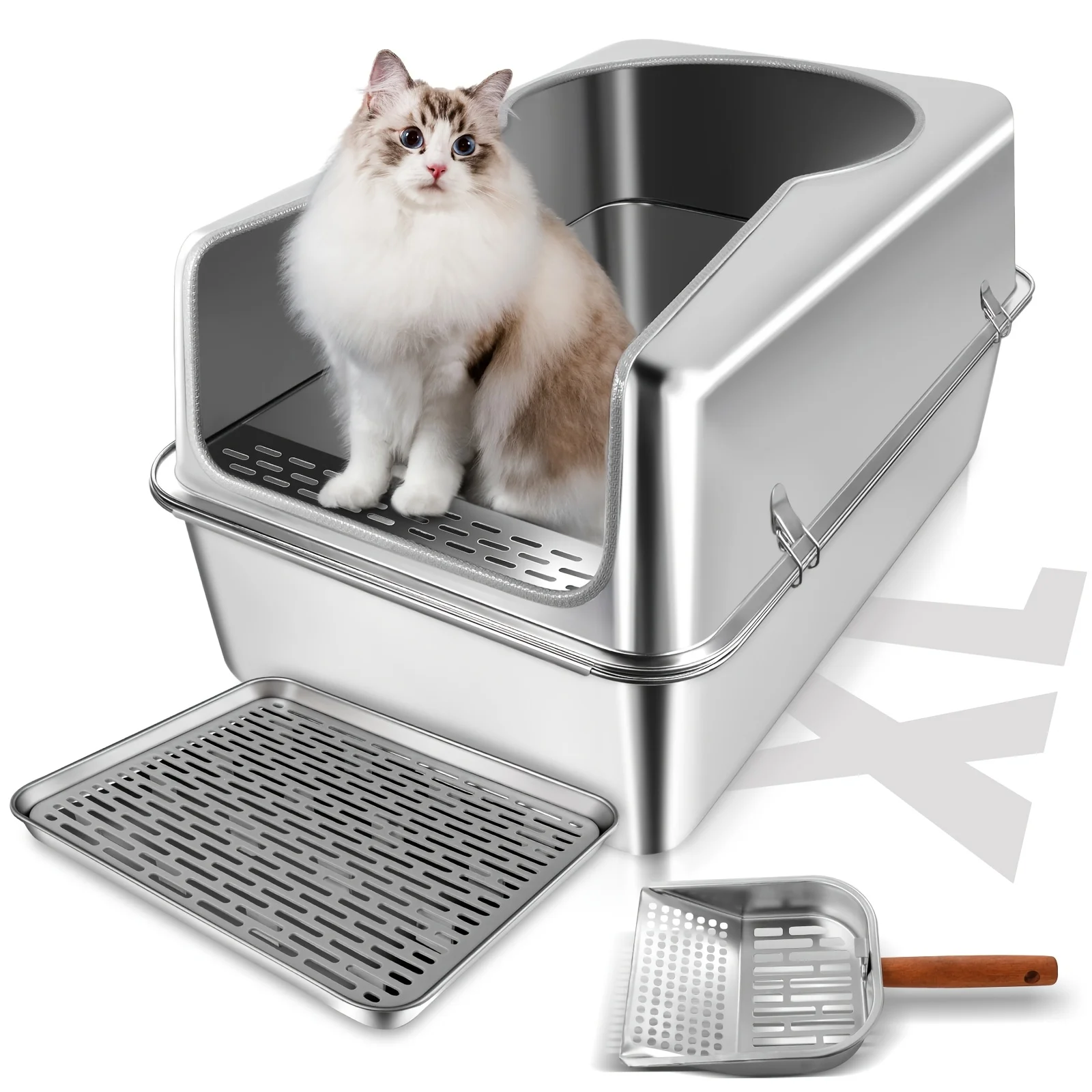 

Extra Large Stainless Steel Cat Litter Box with Stainless Steel Scoop And Footrest, with Splash Guard - Semi-open, Sand-proof De