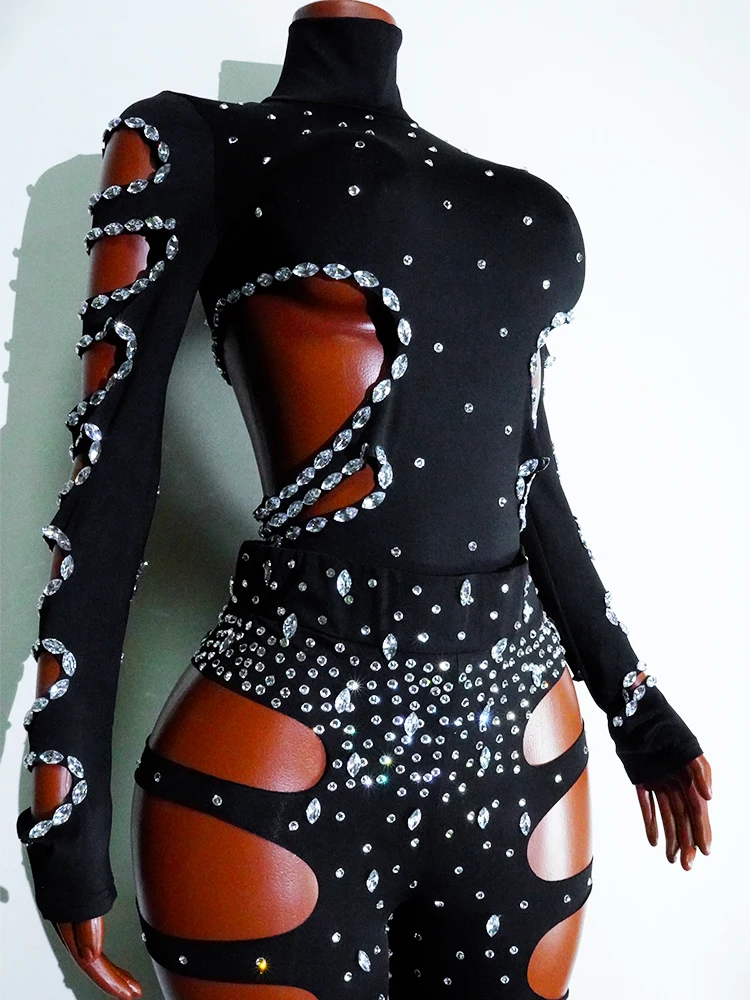 

Блестящий черный боди со стразами, сексуальный костюм танцовщицы GoGo, танцевальный сценический наряд, женская одежда для выступлений в ночном клубе