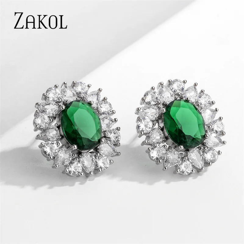 ZAKOL Vintage Green Flower Stud Earrings for Elegant Women Fashion Big Oval Cubic Zirconia Wedding Party Birthday Jewelry