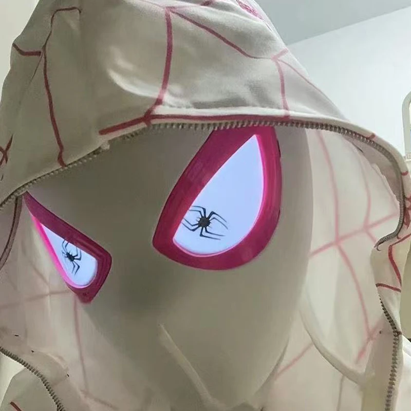 LED-Leuchtmaske Spidergwen Cosplay Weiß-Rosa Vollgesichtshelm Halloween-Kostüm-Requisite mit leuchtenden Augen