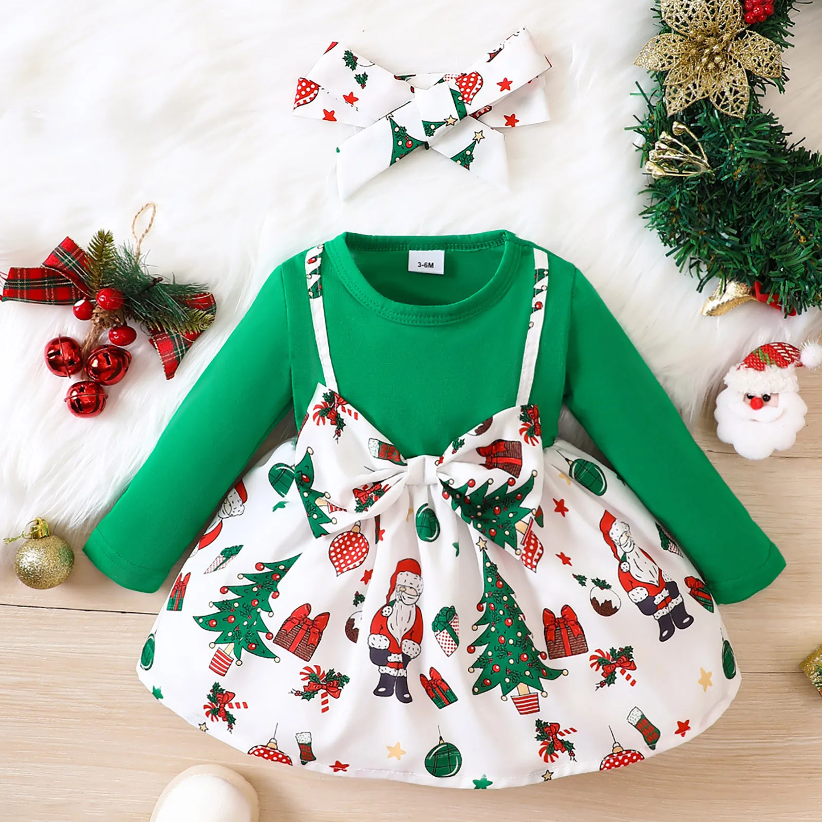 3-24M Christmas Girl Dress Fuax 2pcs Big Bowknot Cartoon Santa Claus Print Dress For New Year Children\'s Christmas Clothing 2024