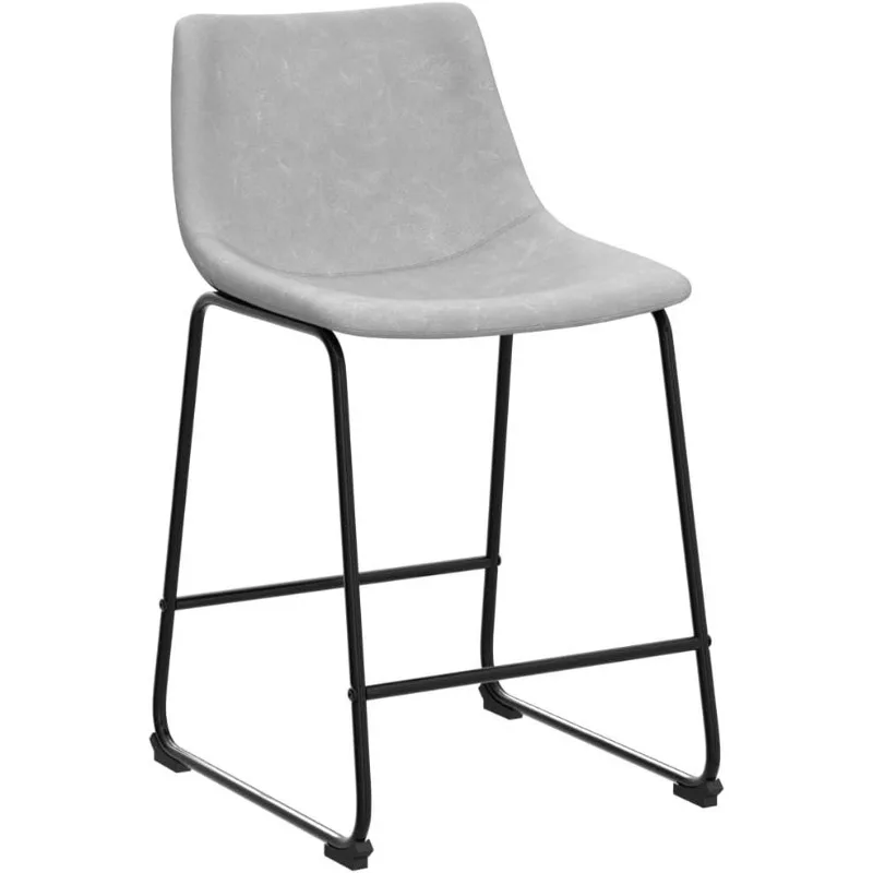 Juego de 2 taburetes de bar de piel sintética gris, taburetes de bar sin brazos de estilo industrial de 24 pulgadas, taburetes de comedor de bar de cocina