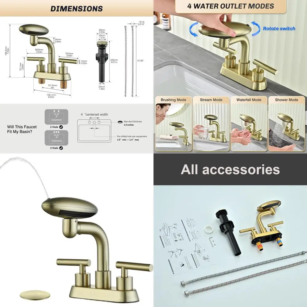 

Смеситель для раковины из матового золота с 4 центральными ручками и 3 отверстиями, 360° ° Поворотный излив, поток водопада и всплывающий слив