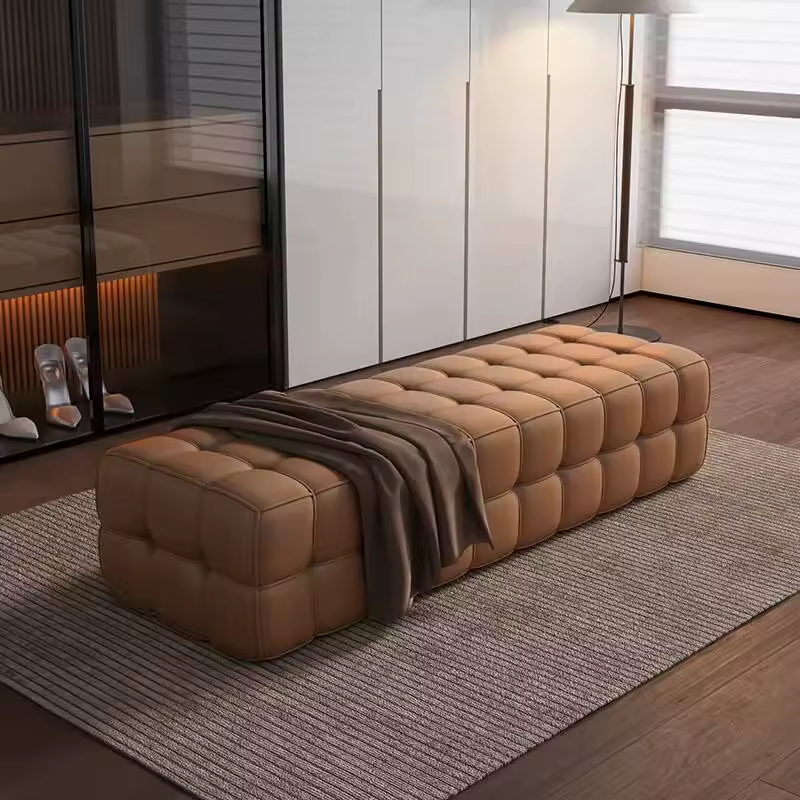 Modern Tufted Leather Cube Ottoman