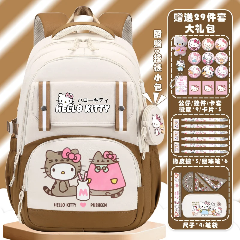 Sanurgente-Cartable étudiant Hello Kitty pour enfants, grande capacité, sac à dos de campus léger avec protection de la colonne vertébrale, nouveau