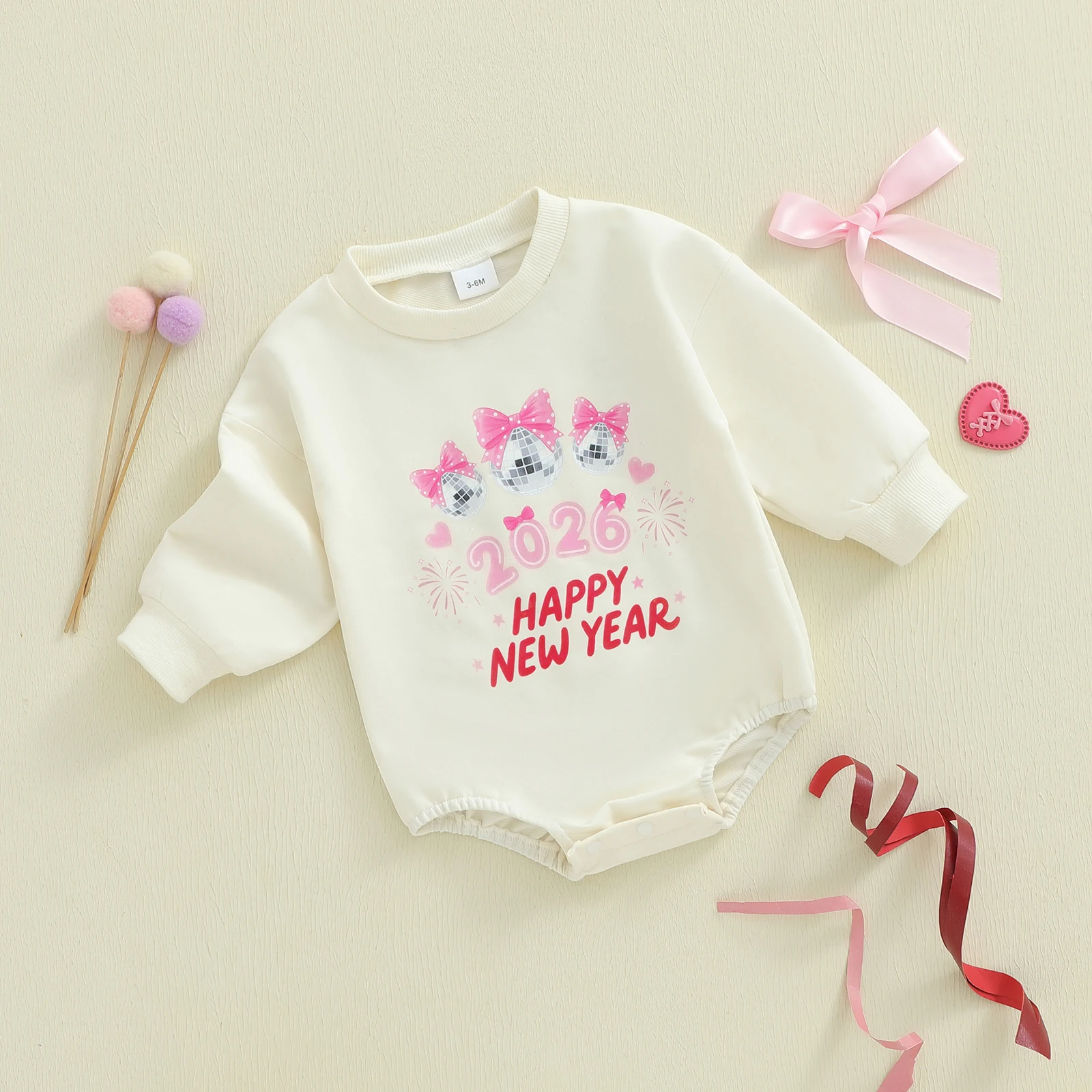 بدلة رومبير للفتيات الصغيرات في السنة الأولى للعام الجديد مطبوع عليها حروف على شكل فيونكة وأكمام طويلة ورقبة دائرية بدلة قفز 2026 #5