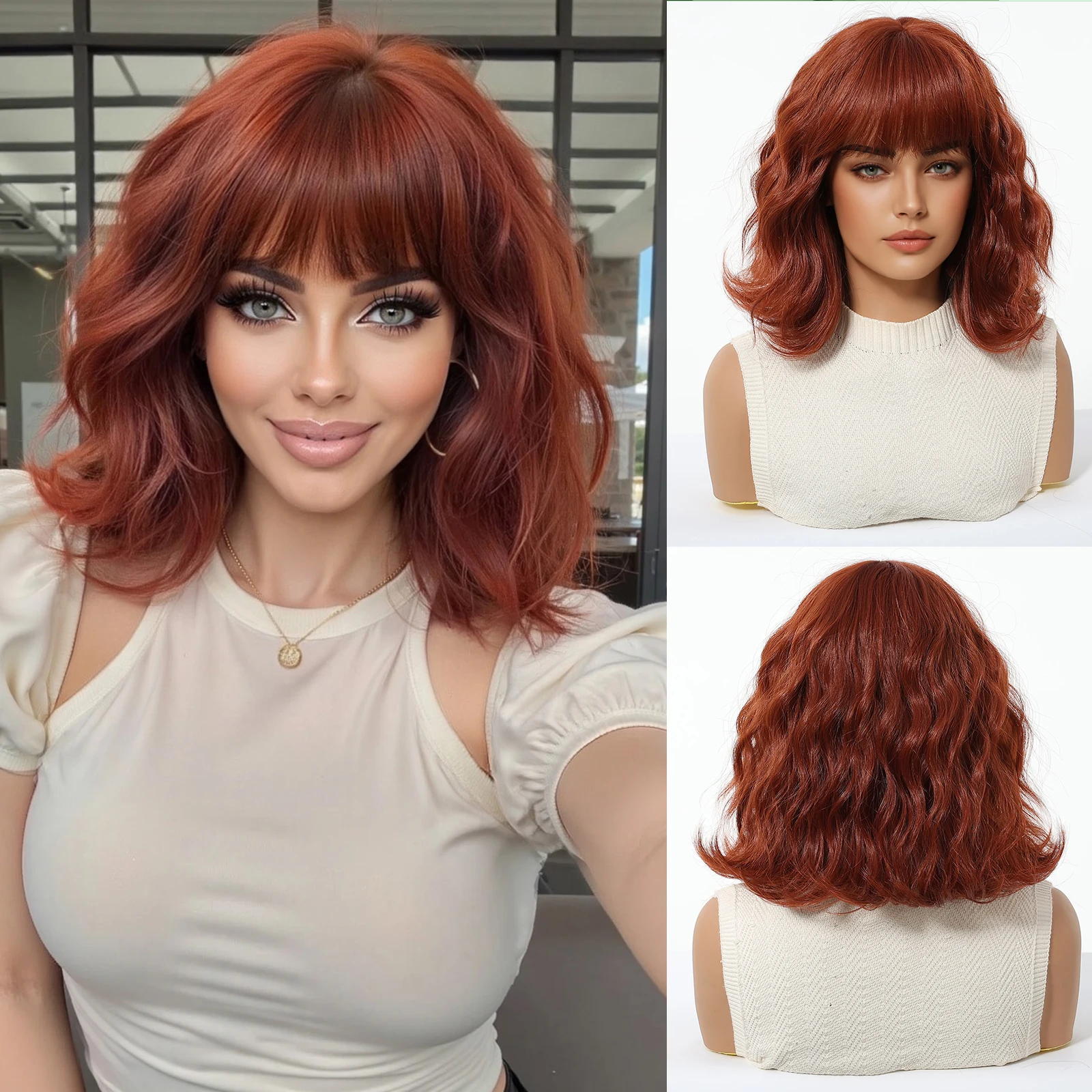 Parrucche Bob ondulate rosse con frangia Parrucca sintetica corta Capelli finti naturali per le donne Festa quotidiana Lolita Uso fibra resistente al calore