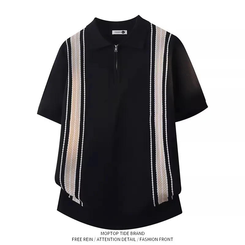 

Short Sleeve Shirt Men's Summer Knitted Casual Turn-down Collar Striped Breathable Loose-fit Polyester T-shirt