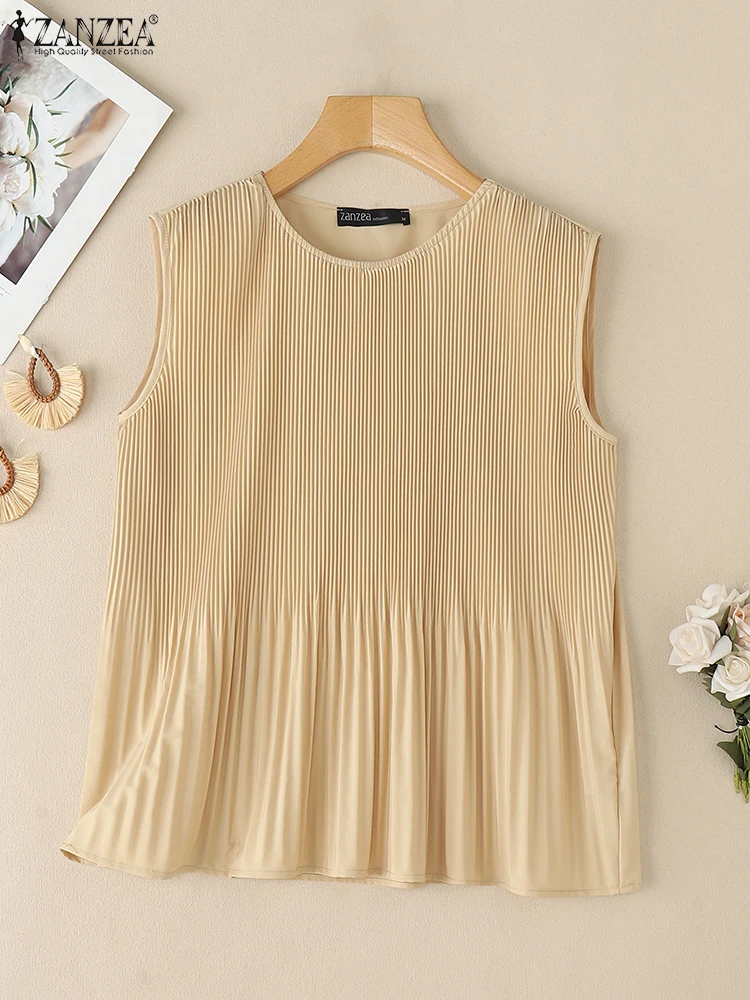 

ZANZEA, летние плиссированные блузки без рукавов, модные женские майки, топы, повседневные Blusas Mujer с круглым вырезом, элегантная однотонная рабочая рубашка OL