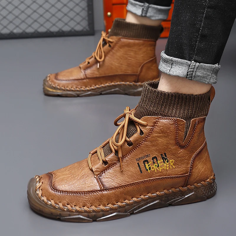 Men Casual Shoes PU Splicing Handmade Stitching Flat Bottom Trendy Men Shoe Sizes 38-47
