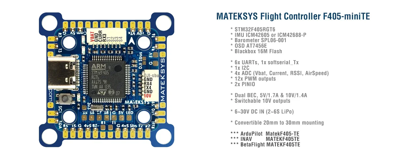 Mateksys Matek Systems F405-MiniTE OSD Baro Blackbox F405 Flight Controller FC RC ArduPilot INAV Multirotor FPV Racing Drone