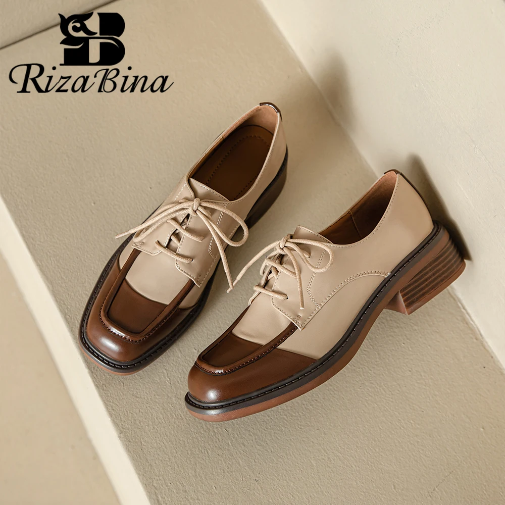 

RIZABINA New Women's Oxford Shoes Square Toe Mixed Color Chunky Heel Loafers Shoes Ladies Fashion Lace Up Daily Casual Footwear