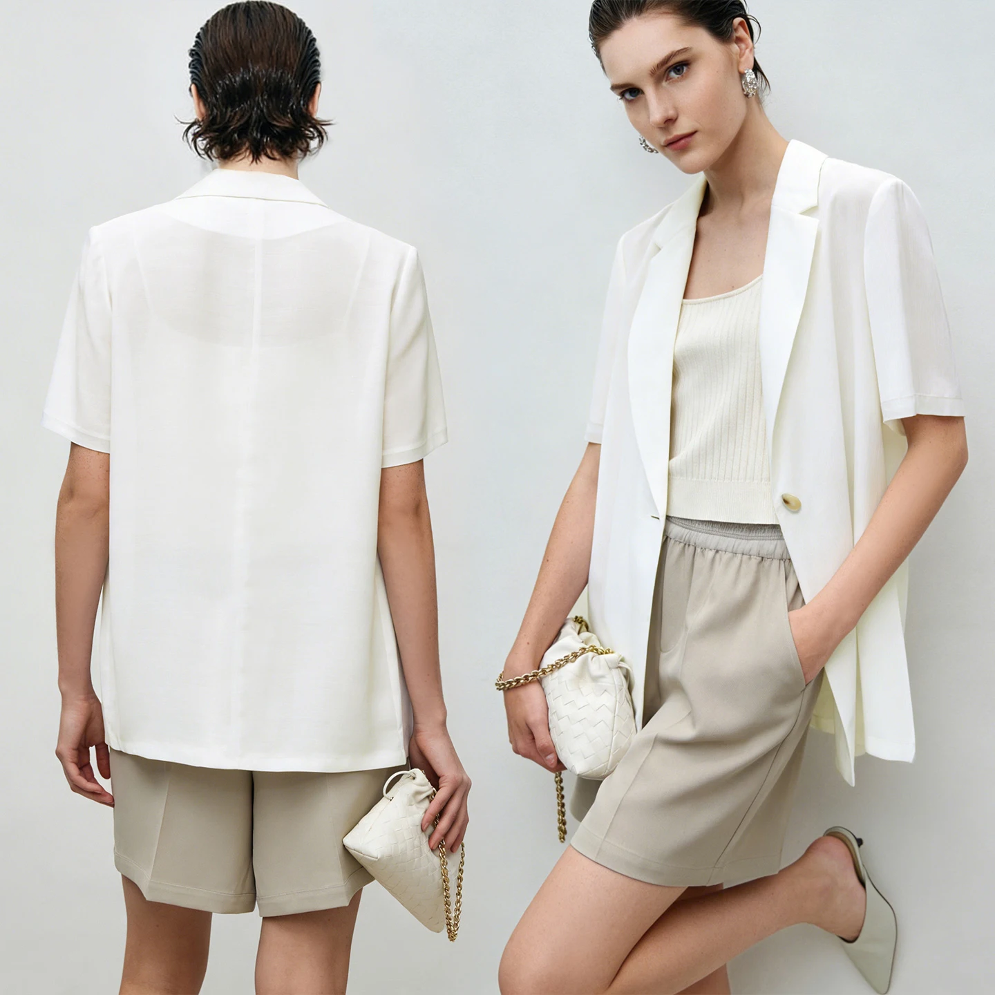 Amii Women's Blazer 2026 Summer New Notched Lapel Chiffon Splicing Short Sleeve Jacket Women's Single Button Casual Top 12622126