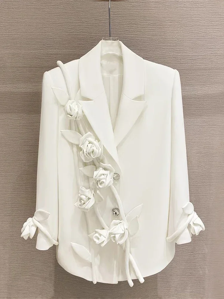 Fashion Party Loose-fit Blazer for Women French Style White Three Dimensional Flower Design Contours in 2024 luxury blazer mujer