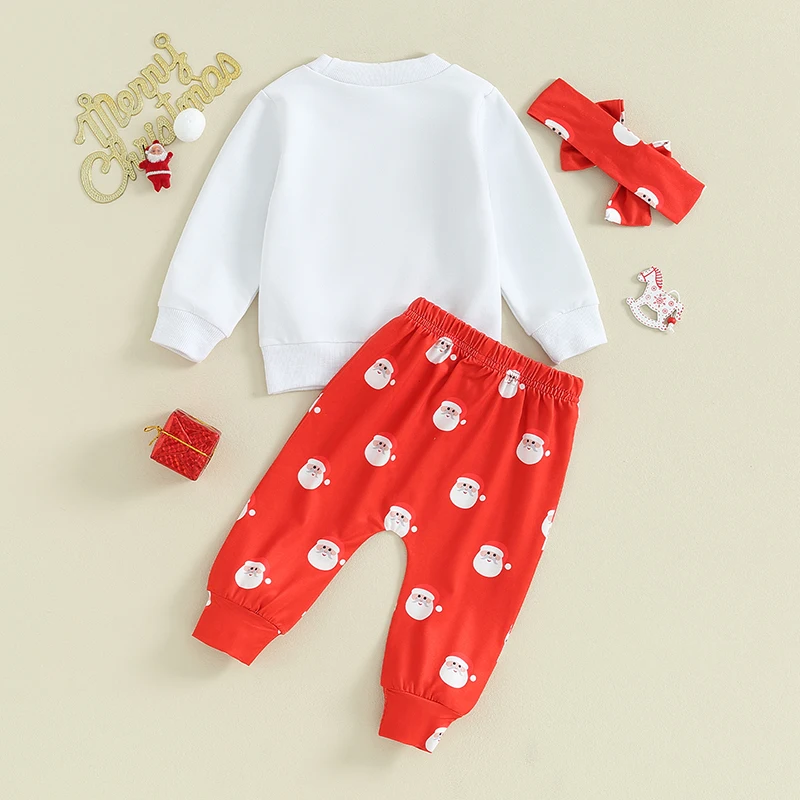 Cute Baby Girl 3Pcs Holiday Outfit Set with Reindeer Print Long Sleeve Tops Snowflake Print Pants and Matching Bow Headband