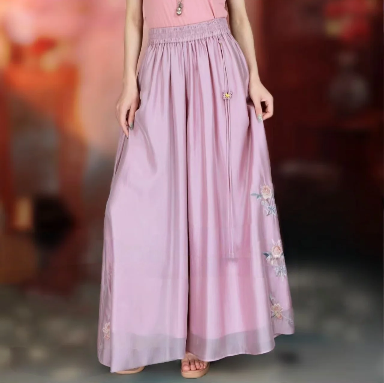 New Chinese style wide leg pants Purple rayon elastic waist loose fairycore Summer pants Embroidered original skirt pants