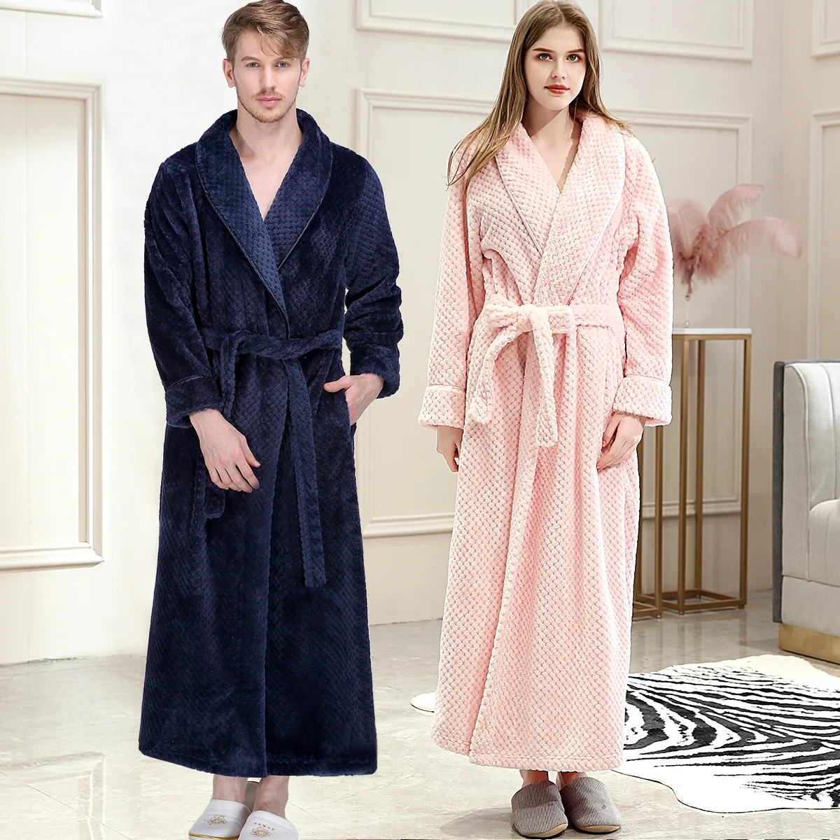 Winter Thickened Warm Couple Long Robe Sleepwear Autmn Winter Flannel Nightwear Kimono Bathrobe Gown Loose Coral Fleece Homewear