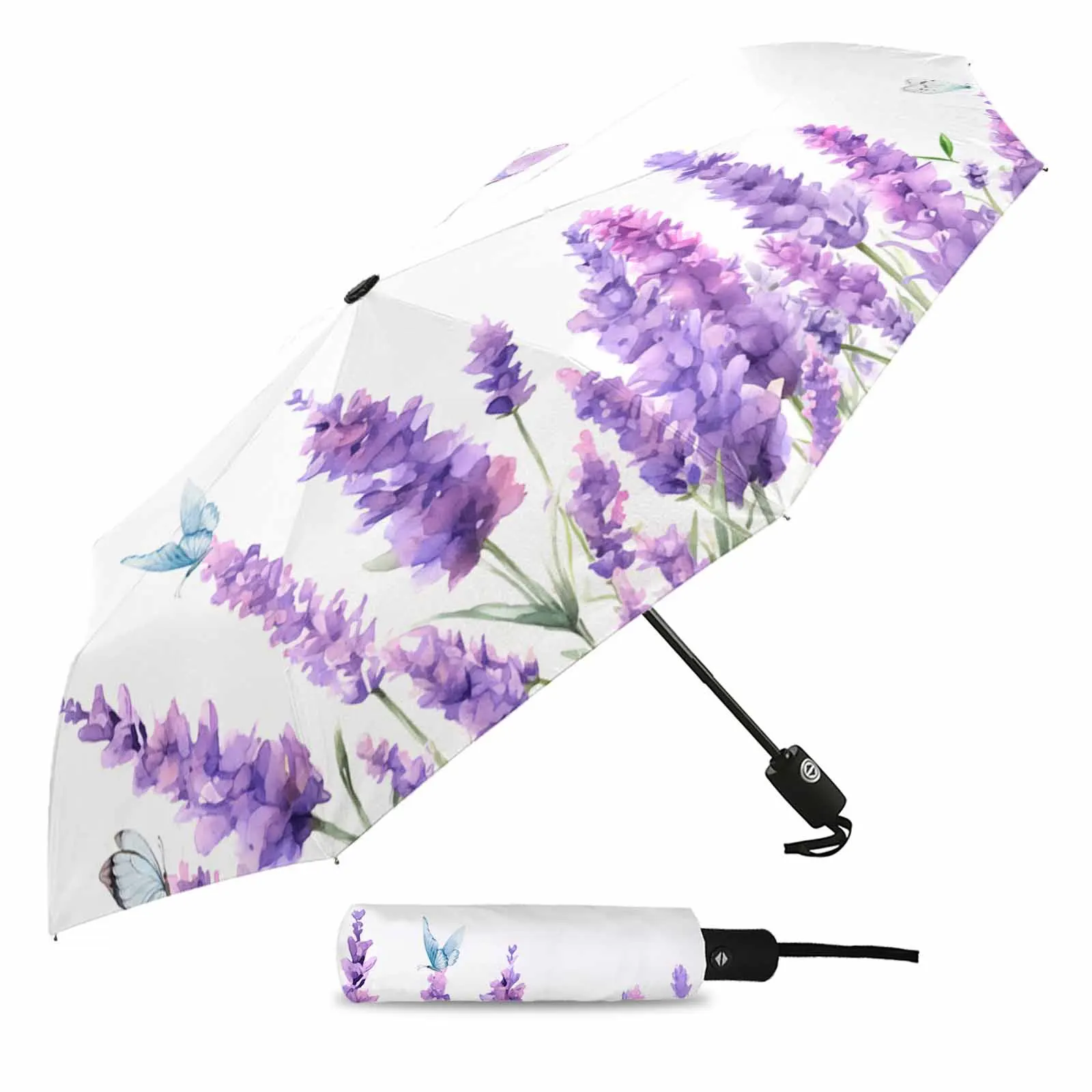 Spring Watercolor Lavender Butterfly Automatic Umbrella Travel Folding Umbrella Portable Parasol Windproof Umbrellas