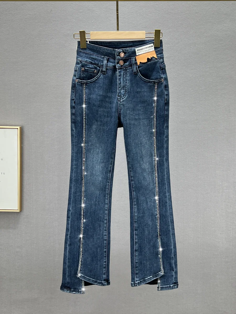 

High Waist Slit Denim Jeans Women's Trendy New Autumn Elastic Slimming Skinny Diamond Embellied Micro Flared Pants