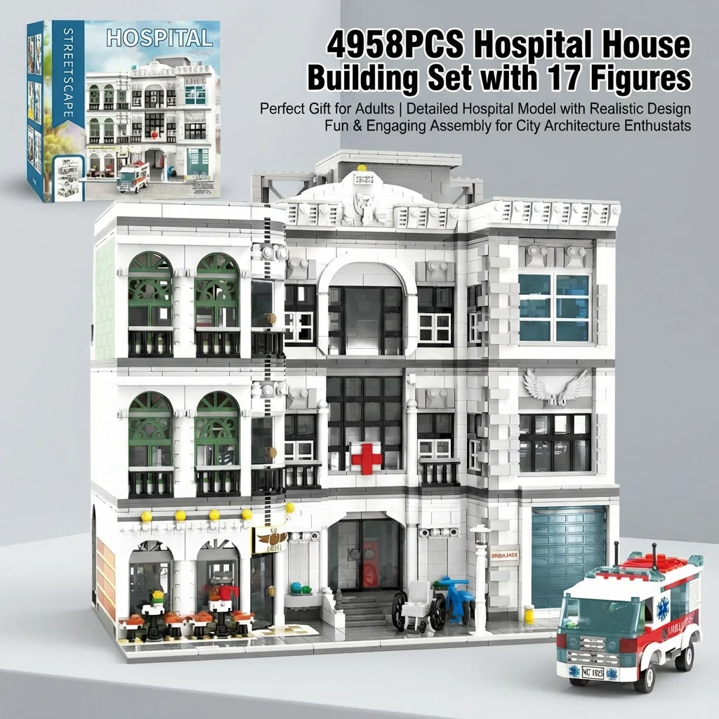 4958PCS 병원 주택 건물 세트, 17개의 피규어 포함 도시 건축 모듈형 빌딩 블록 조립 모델 키트, 성인용 선물