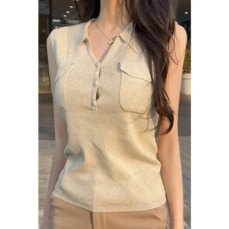 

Женский трикотажный топ без рукавов в корейском стиле с V-образным вырезом, летний облегающий топ