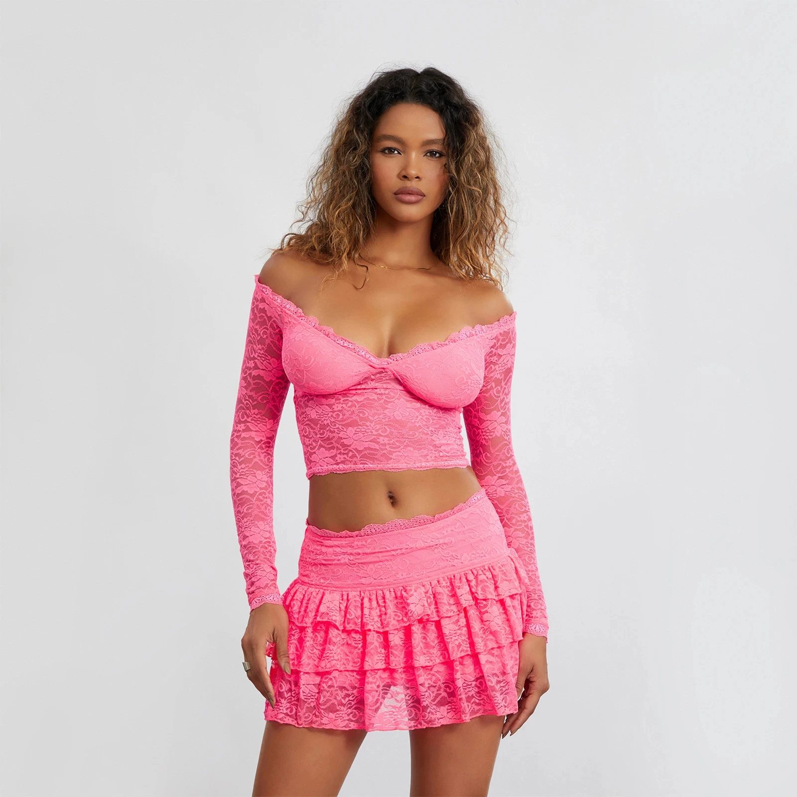 New Women Lace Skirt Set Fairycore See Through Off Shoulder Long Sleeve Crop Tops And Mini Skirt Suit 2 Piece Outfits Streetwear