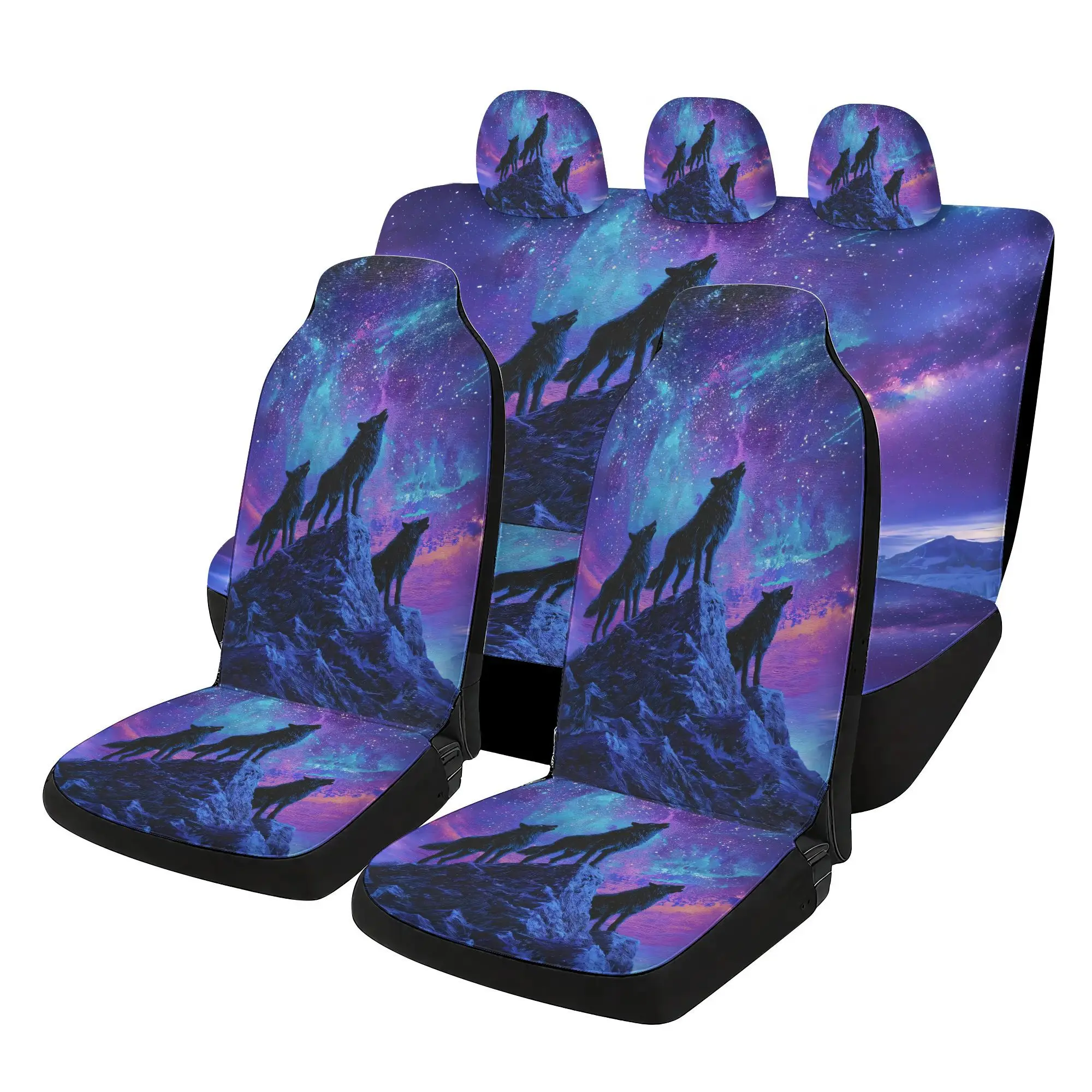Wolf Pattern Car Seat Covers Set - 7pcsFive-piece car interior set with printed custom seat covers