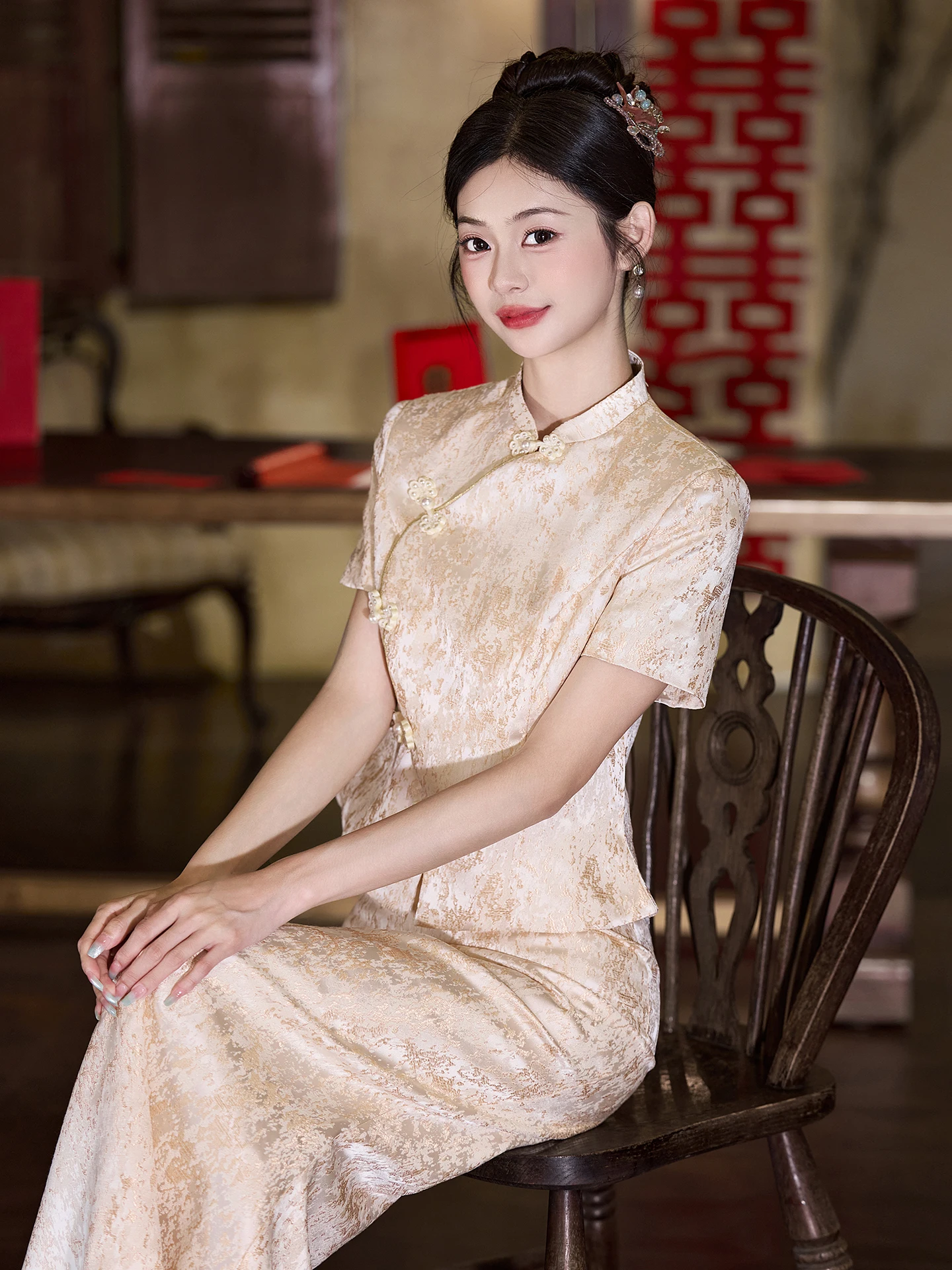 

Champagne Color Wedding Dr Engaging Toasting Costume New Chinese Sle Fi Tail High Waist Pearl Embellied