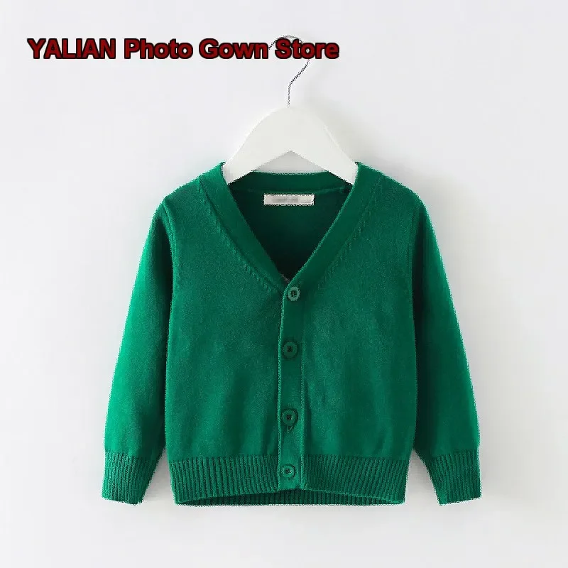 Children Knit Coat Boys Girls Infants Pure Cotton Round Neck Long Sleeves School Uniform Green Kids