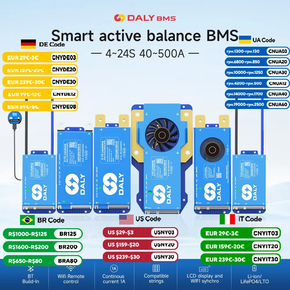 DALY Smart BMS 1A Active Balance bluetooth UART 40A 60A 100A 150A for Lifepo4 Li-Ion battery 18650