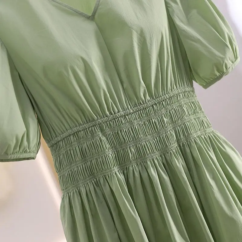 Slimming Mid-Length Dress V-Neck Puffy Sleeves Elastic Waist Casual A-Line Skirt Polyester Cotton Nylon Spandex Blend