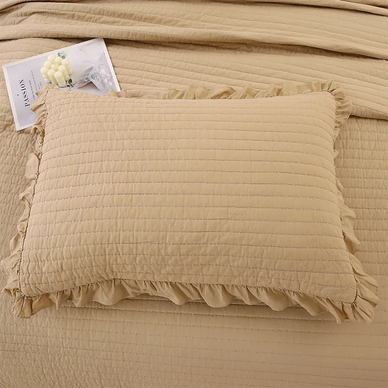 

Khaki Cotton Quilt Set 3PCS King Queen Size, Solid Color Ruffled Bedspread Coverlet, All-Season Soft Thin Quilted Comforter