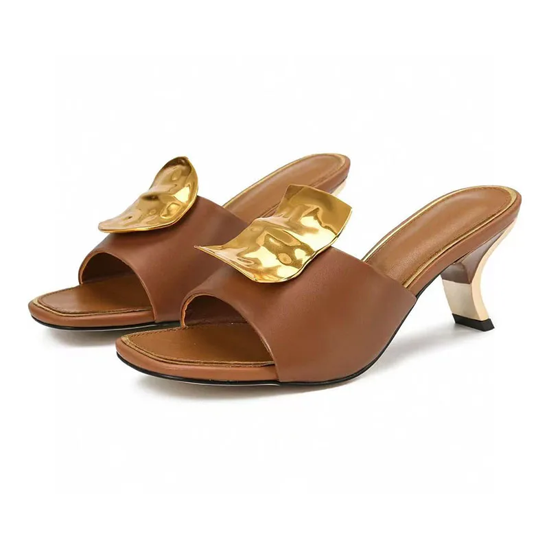 Gold Metal Decor Gladiator Sandals Woman Open Toe Black Green Brown Leather Strange High Heel Shoes Lady Sexy Muller Slippers image 5