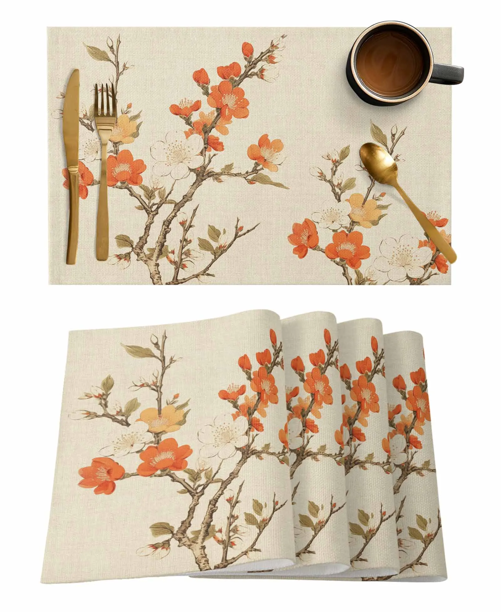 Plum Blossom Leaves Branches Flower Buds Table Runners For Dining Room Tablecloth 4/6 Pcs Placemats Table Cover