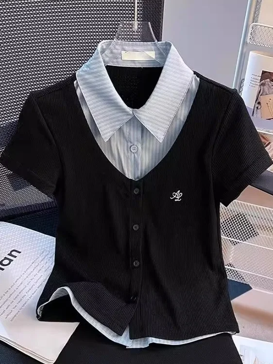 スリムフィットまたはスベイート レディース サマーデザイン ショルダーパッド入り フェイクツーピース スタイル 韓国風 通勤 スタイル カラー