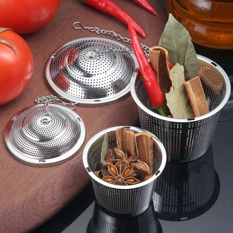 Infusores de chá de aço inoxidável de 3 tamanhos com corrente, esfera de bola de chá, folha de ervas, tempero, filtro de malha de travamento, acessórios de cozinha