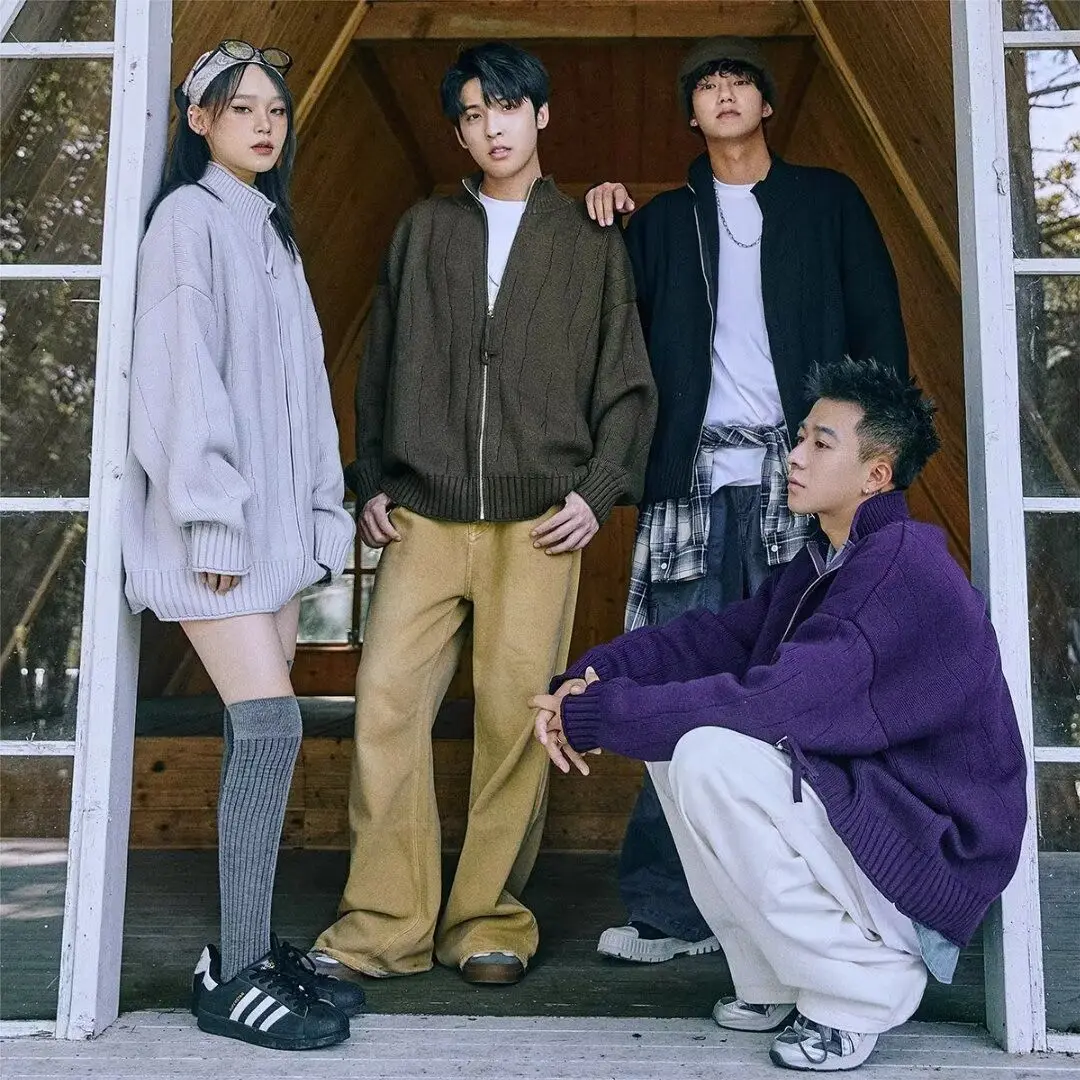 Fall Winter V-Ne Knitted Sweater Cardigan Men's  Color Casual Loose Sle Polyester Fiber Soft Comfortable Magic Tape