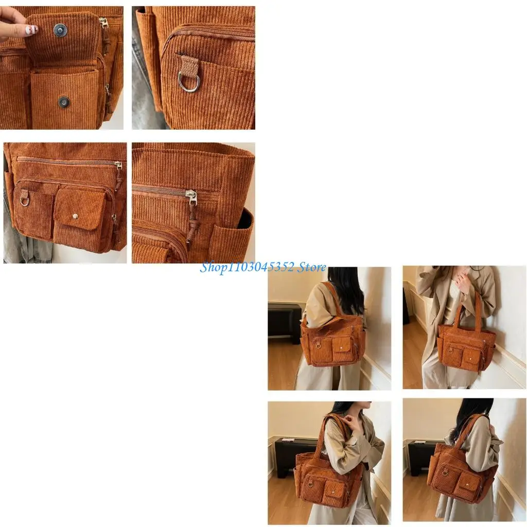 

Roomy Women Underarm Bag Corduroy Office Handbag Multi Compartment Work Bag
