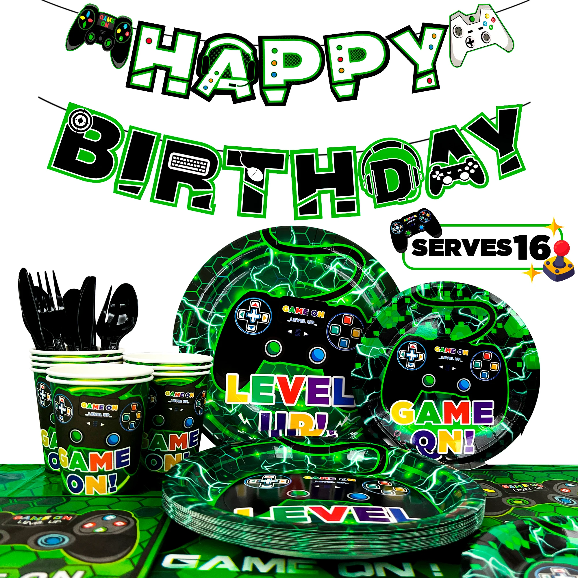 

Video Game Party Supplies, 128pcs Tableware Set-Video Game Plates and Napkins,Cups Table Cloth Banner etc for Boys Kids