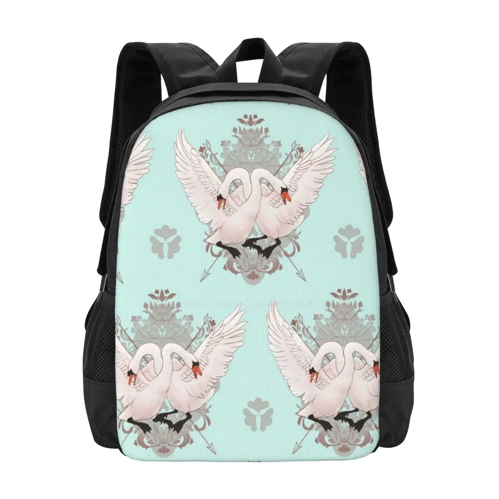 Warring Swans Hot Sale Schoolbag Backpack Fashion Bags Animal Elegant Pattern Swirls Birds Swans Fighting Mint Green Wings